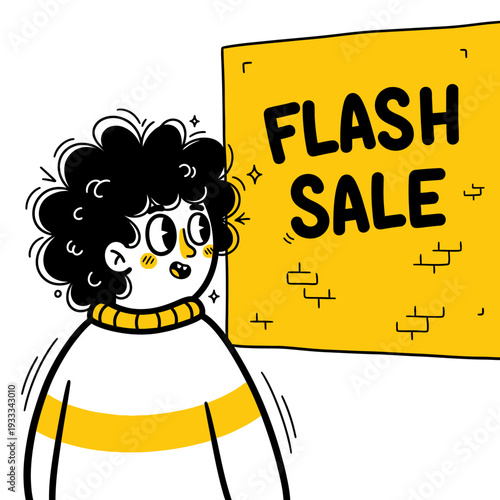 Cartoon Character Holding Flash Sale Sign.