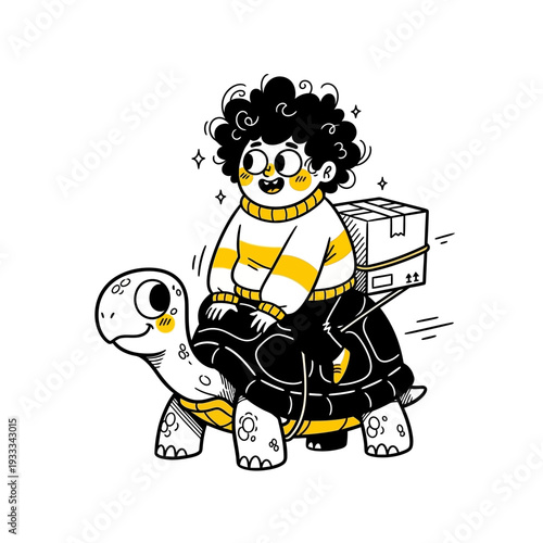 Cartoon Boy Riding Turtle with Luggage.