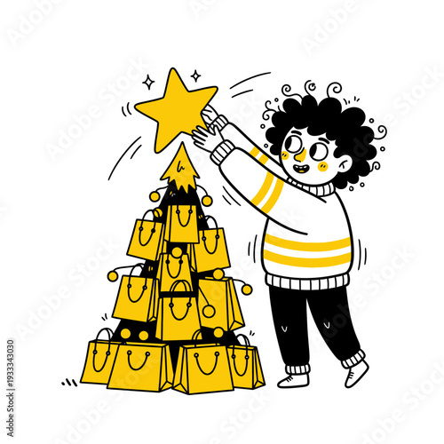 Woman decorating Christmas tree made of shopping bags.