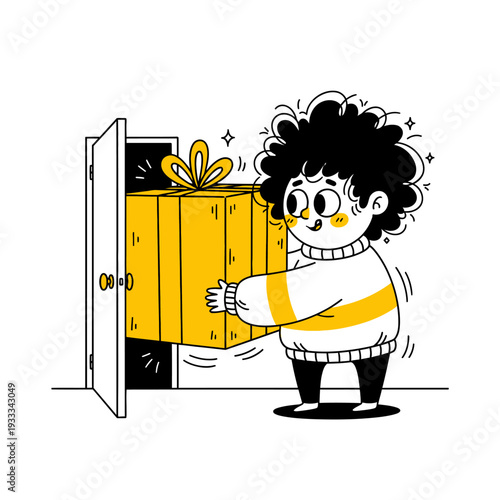 Cartoon Child Receiving Large Yellow Gift Box.