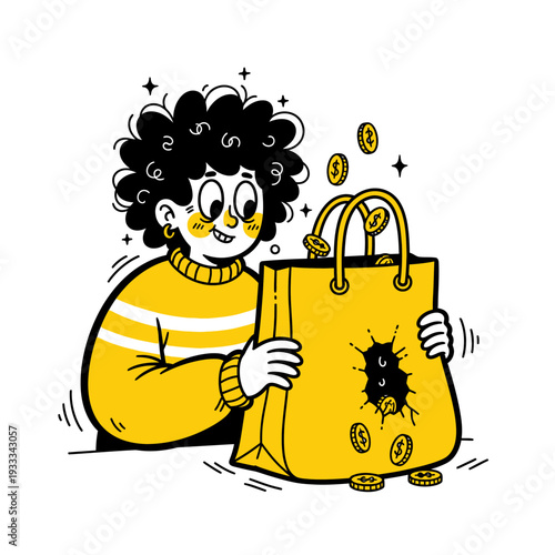Cartoon Character Holding Torn Shopping Bag.
