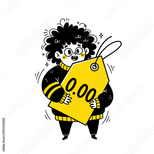 Cartoon Character Holding Price Tag Zero.