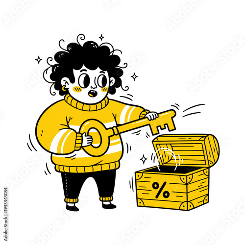 Cartoon Woman Holding Large Key to Treasure Chest.