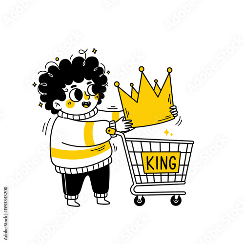 Cartoon Boy Holding Crown in Shopping Cart.