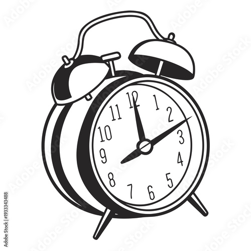 Classic metal alarm clock black and white illustration drawing. old-fashioned timepiece with bells on top and two hands