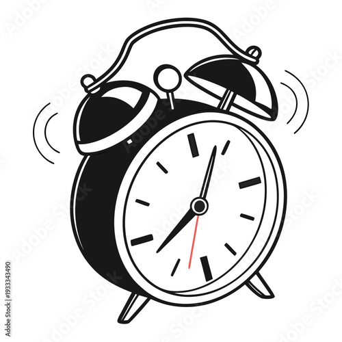 Hand drawn style alarm clock ringing loudly with vibration lines and red second hand for urgent time management and morning wakeup call concepts art