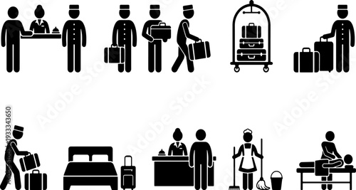 Hotel services and hospitality staff icons set. Professional bellboy, receptionist, housekeeping, and spa massage pictograms.