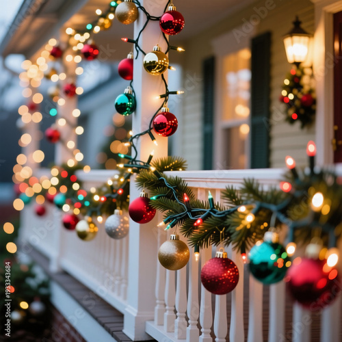 Wallpaper Mural Colorful Christmas balls adorn a charming terrace, celebrating the festive spirit. Twinkling lights and lush greenery create a joyful atmosphere on this lovely winter day Generative AI Torontodigital.ca