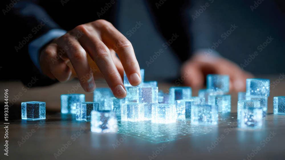 Naklejka premium Businessperson interacting with futuristic glowing digital cubes projected on table symbolizing advanced technology and data manipulation concepts in a dark setting