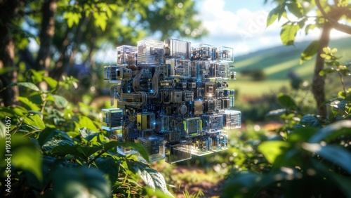 Modular hardware cube hovering above meadow in daylight.