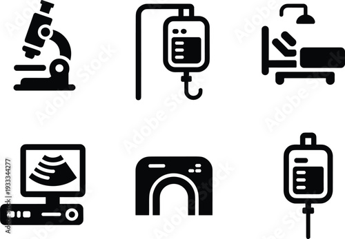 Medical, hospital, icon, set, microscope, infusion, drip, patient, bed, ultrasound, MRI, scanner, treatment, healthcare, vector, silhouette, clinic, diagnostic, collection, illustration