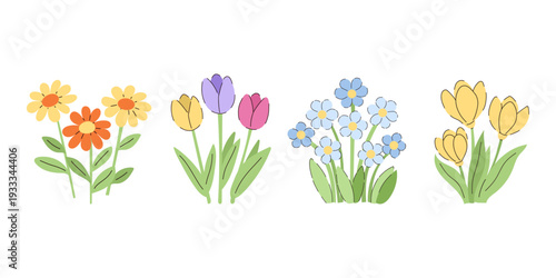 Spring flowers vector set with daisies, tulips and blue blossoms isolated on light background. Cute floral collection featuring yellow and orange daisies, purple and pink tulips.
