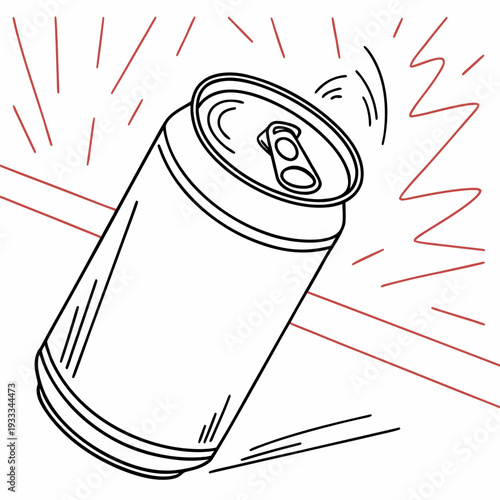 Abstract line art of a beverage can with red jagged and straight lines, symbolizing strong impact and vigorous shaking, a dynamic and expressive illustration
