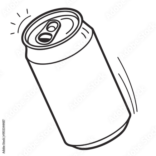 Minimalist black and white sketch of a beverage can, depicting a gentle shake with small lines radiating from top and bottom right, simple line drawing