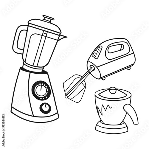 Group of kitchen equipment hand mixer with beaters and blender jug with lid plus small processor for culinary tasks home appliance collection