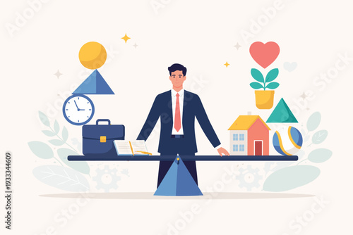 Work Life Balance Concept Illustration with a Businessman Standing Behind a Seesaw Scale Balancing Career Symbols like Briefcase and Clock with Personal Life Icons like House and Heart.