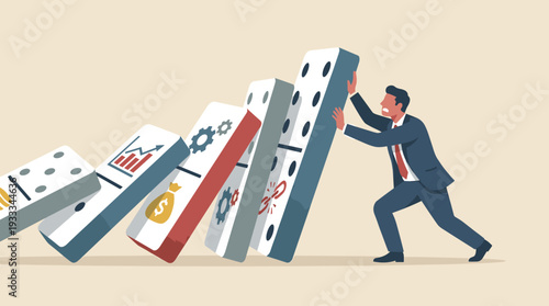 Businessman in a suit struggling to stop a falling domino effect chain reaction representing business crisis management, financial risk prevention, and economic stability, flat vector style.