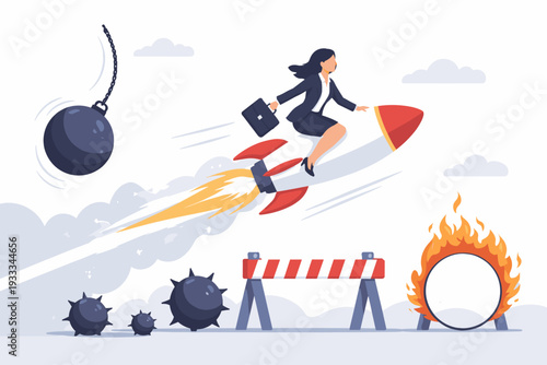 Ambitious businesswoman riding a rocket flying over obstacles like wrecking balls, naval mines, barriers, and a ring of fire. Concept of overcoming business challenges, career growth, and success.