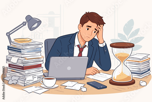 Stressed Young Businessman Sitting at Office Desk with Laptop, Piles of Paperwork, and Hourglass, Representing Deadline Pressure, Overwork, Burnout, and Time Management Vector Illustration.