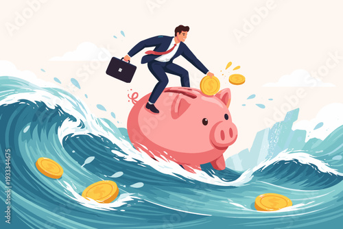Businessman in a Suit Riding a Pink Piggy Bank Like a Surfboard on a Large Ocean Wave, Putting Gold Coins into Savings During a Financial Crisis, Economic Survival, Investment and Wealth Growth.