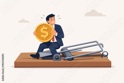 Businessman in a formal suit holding a giant gold dollar coin while sitting on a large mousetrap, representing financial risks, investment traps, greed, debt, and economic dangers in the market.