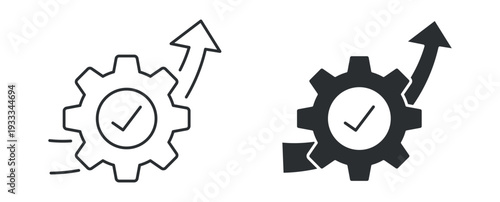 Process Optimization Icon Set, Gear with Up Arrow Line and Solid Vector Illustration