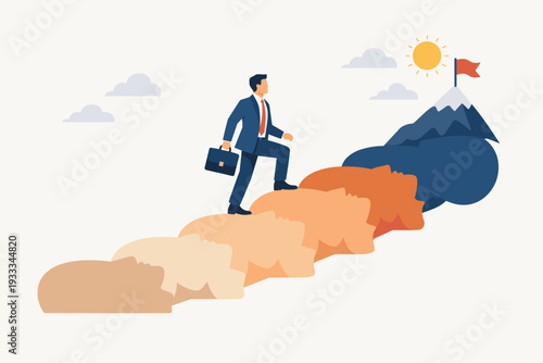 Businessman in Suit Climbing a Staircase Made of Human Heads to Reach the Top of a Mountain with a Red Flag, Concept of Ruthless Career Growth, Ambition, Competition, and Corporate Success