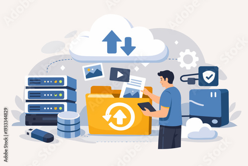 Cloud Server Service and Data Backup Concept with Man Managing Digital Files in a Large Folder for Secure Storage, Uploading and Downloading Information to Network Database and Hosting Systems.