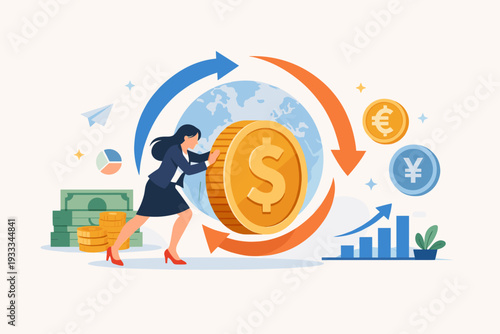 Professional businesswoman rotating a large dollar coin for global currency exchange with euro and yen symbols, representing international finance, economic growth, investment, and money market.