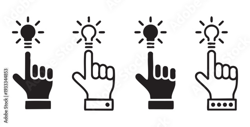 Innovation concept symbols showing hand pointing towards light bulb representing new business ideas