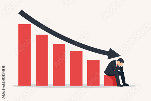 Stressed businessman sitting on a declining red bar chart with a downward black arrow, feeling depressed due to financial loss, economic crisis, business failure, and stock market crash.