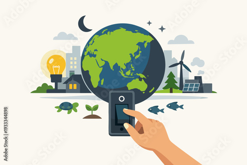 Earth Hour global movement illustration showing a hand turning off a light switch to save energy and protect the environment with wind turbines, solar panels, nature, and city silhouettes.