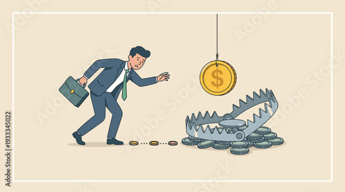Businessman in a suit reaching for a gold dollar coin hanging over a dangerous metal bear trap, financial risk and money trap concept, investment danger and greed metaphor vector illustration art.