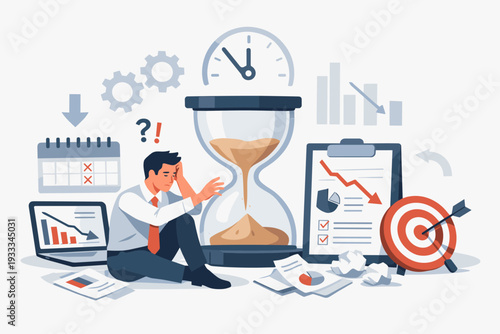 Stressed businessman sitting on floor surrounded by giant hourglass, clock, and declining financial charts, representing time management failure, missed deadlines, and unmet business goals.