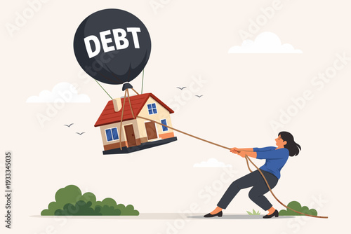 Woman Struggling to Pull Down House Floating Away with Large Black Debt Balloon, Concept of Mortgage Foreclosure, Financial Burden, Real Estate Loan Difficulties, and Property Ownership Crisis
