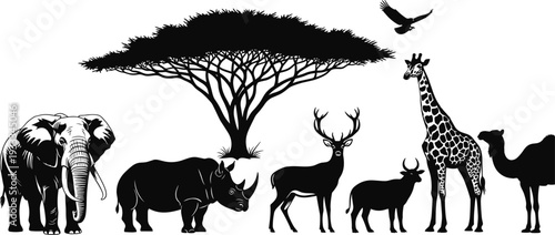 African safari wildlife illustration with elephant, rhinoceros, deer, antelope, giraffe, camel and eagle under acacia tree isolated on white background vector art