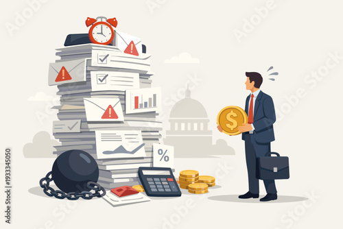 Businessman holding a dollar coin facing a giant stack of tax documents and bills with a ball and chain, representing financial burden, debt, government taxes, and accounting bureaucracy.