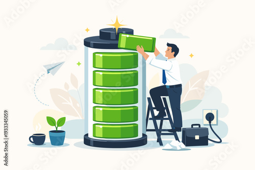 Businessman on a ladder recharging a giant battery with green energy bars to represent recovery from burnout, refreshing energy levels, productivity, and work-life balance in a modern office.