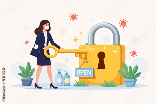 Businesswoman wearing medical face mask unlocking large padlock with golden key to reopen business during COVID-19 pandemic, symbolizing economic recovery, safety protocols, and the new normal life.