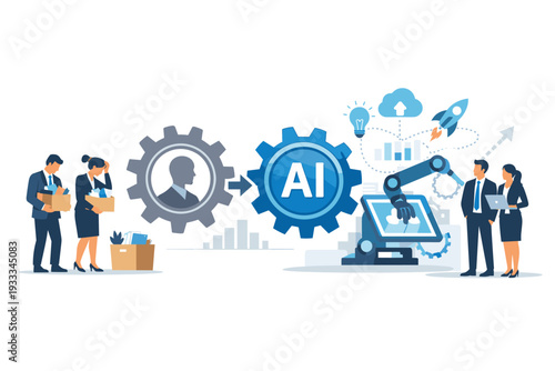Business Transformation Concept with AI Replacing Human Employees Showing Sad Workers Fired and Robotic Arm Automation for Tasks with Technology Innovation and Future of Work Illustration