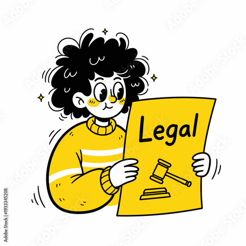 Cartoon Character Holding Legal Document Gavel.