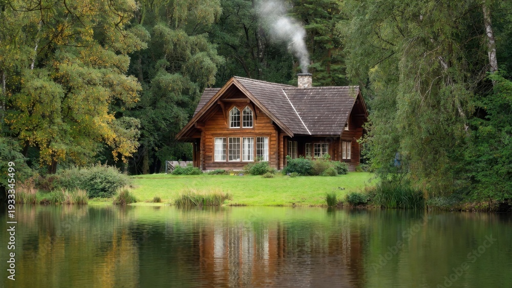 Obraz premium Wooden cabin with smoke rising by tranquil forest lake.