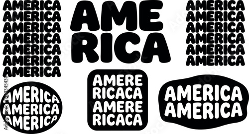 Retro nineties cartoon bold bubble typography spelling america repeated stacked blocks close up high contrast black white vector art flat