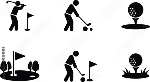 Golf, sport, icon, set, player, swing, putt, flag, ball, tee, course, hole, outdoor, vector, silhouette, game, equipment, club, collection, illustration