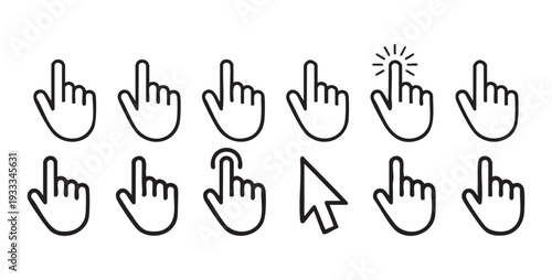 Minimalist cursor icon set displaying various hand clicking positions and arrow pointer orientation