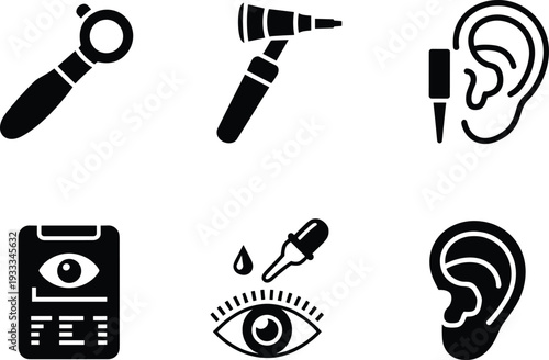 Medical, ophthalmology, audiology, icon, set, eye, ear, examination, otoscope, ophthalmoscope, drops, vision, hearing, healthcare, vector, silhouette, clinic, diagnostic, tools, illustration