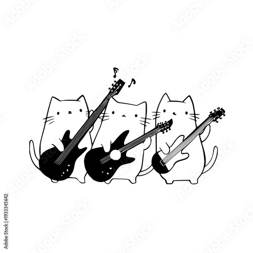 Cats Playing Electric Guitars in Black and White on Isolated Background