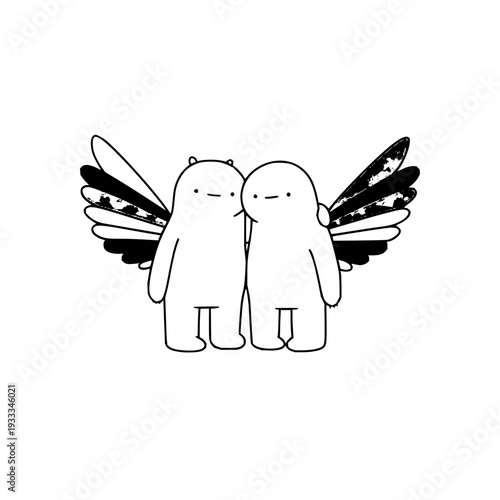 Sad Cartoon Characters with Black and White Wings