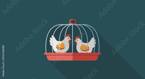 Two Chickens Inside A Cage With Food.