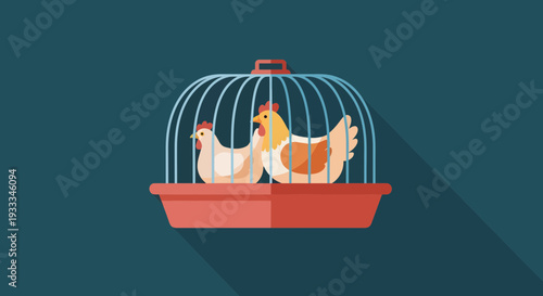 Two Chickens Inside a Decorative Bird Cage.